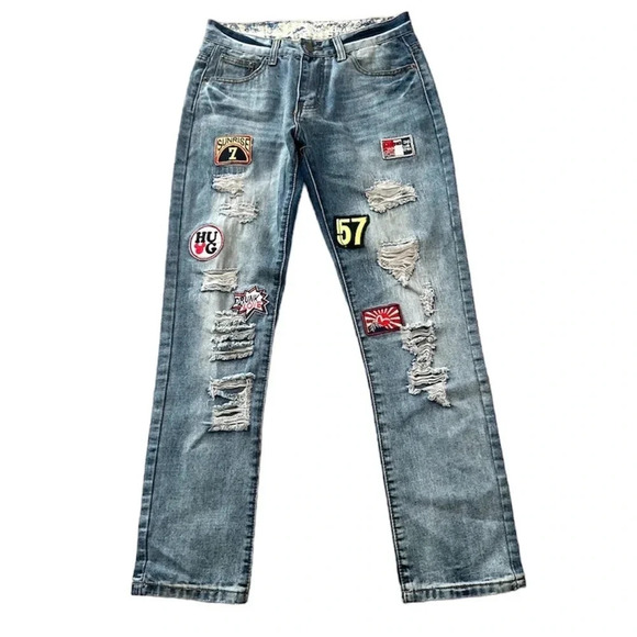 SoSoo Men's Distressed Patchwork Medium Wash Denim Jeans Size 31 GUC - Picture 1 of 10